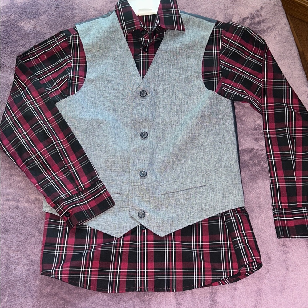 Van Heusen Gray Vest with Red Plaid Shirt & Chaps Pants